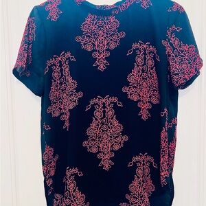 Navy Blue and Pink Floral Patterned Womens Top